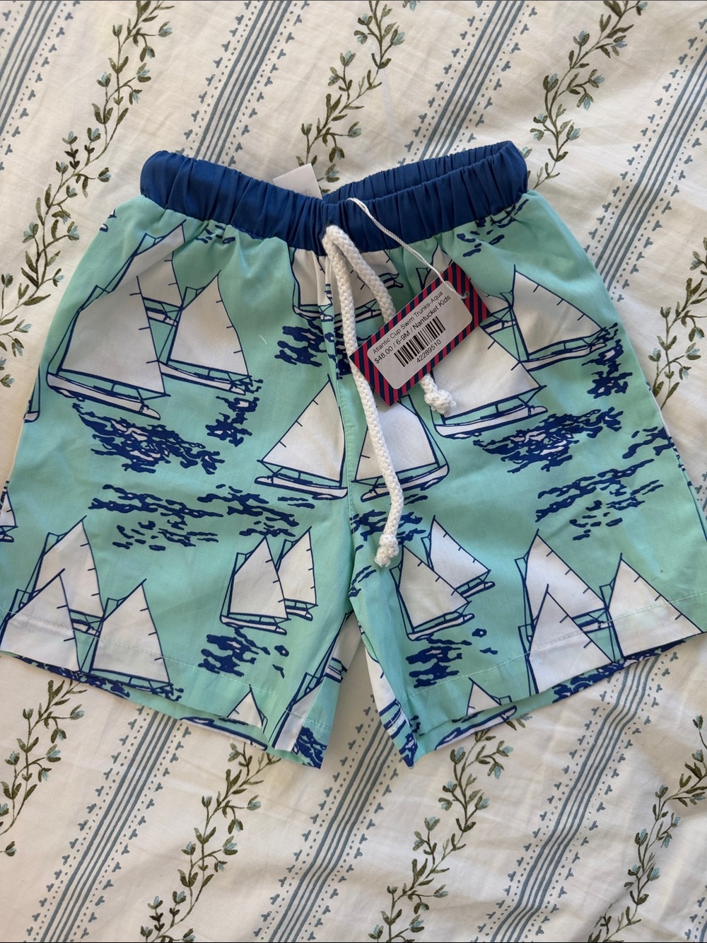 Boys Sailboat Swim Trunks in Mint Blue